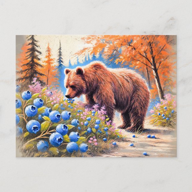 Carte Postale Ours Brown aux bleuets Pastel Chalk Art (Devant)