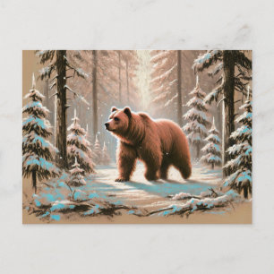 Carte Postale Ours Brown dans la forêt de neige Pastel Chalk Art