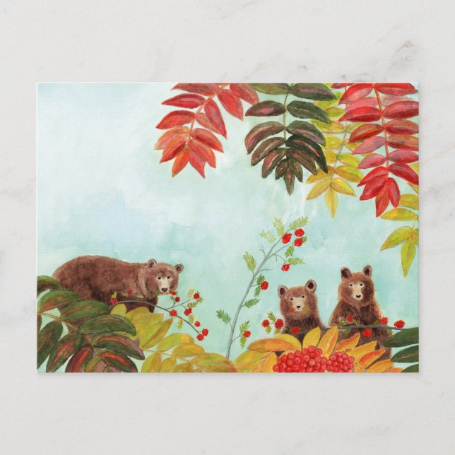 Carte Postale Ours Brown et baies rouges Rowan Sorbus aucuparia (Devant)
