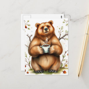 Carte Postale Ours Brun Adorable et un Café