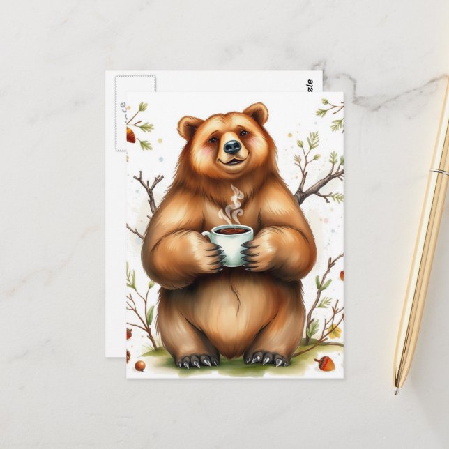 Carte Postale Ours Brun Adorable et un Café (Devant/Arrière en situation)