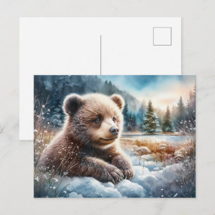 Carte Postale Ours Brun Jeune dans la Neige d'Hiver et les Pins