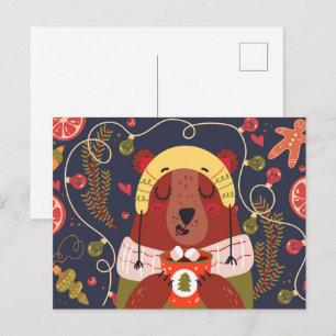 Carte Postale Ours de fête buvant du cacao chaud