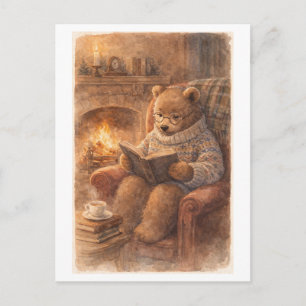 Carte Postale Ours de style vintage lisant au coin du feu