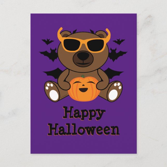 Carte Postale Ours d'Halloween citrouille Cool mignon Violet (Devant)