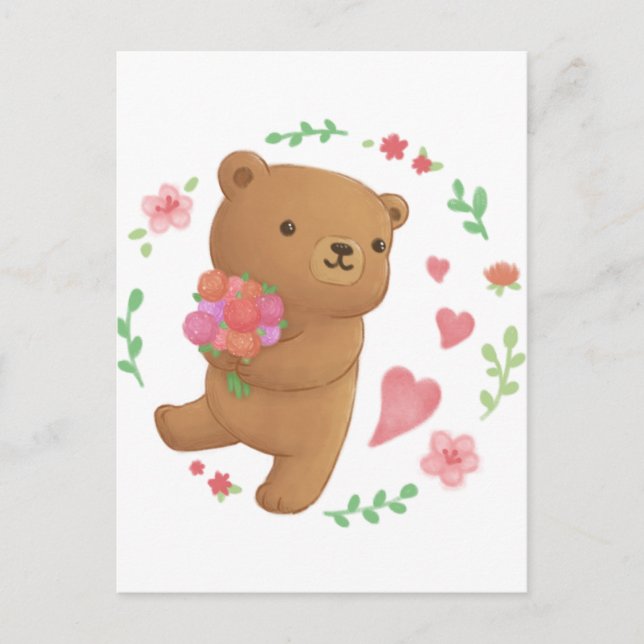 Carte Postale Ours en peluche aux fleurs (Devant)