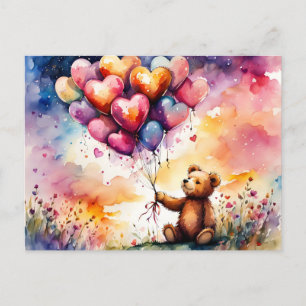 Carte Postale Ours en peluche de la Saint-Valentin avec ballons 