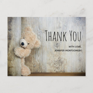 Carte Postale Ours en peluche mignon Fond en bois rustique Merci