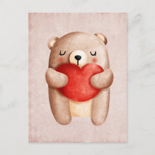 Carte Postale Ours en peluche mignon portant un coeur rouge