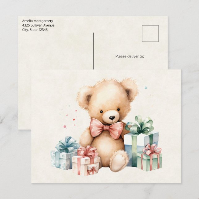 Carte Postale Ours en peluche mignonne avec cadeaux de Noël (Devant / Derrière)