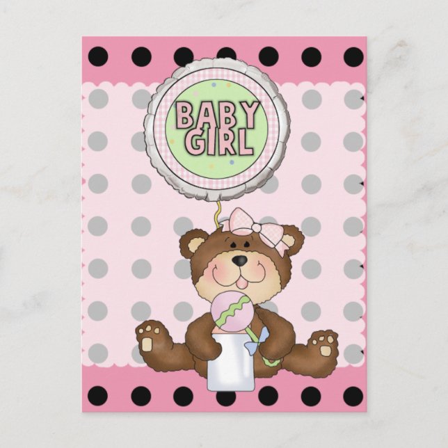 Carte Postale Ours en peluche noir point sur rose (Devant)