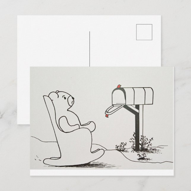 Carte Postale Ours en peluche se balançant et attendant du courr (Devant / Derrière)