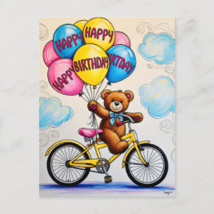 Carte Postale Ours en peluche sur des ballons à bicyclette