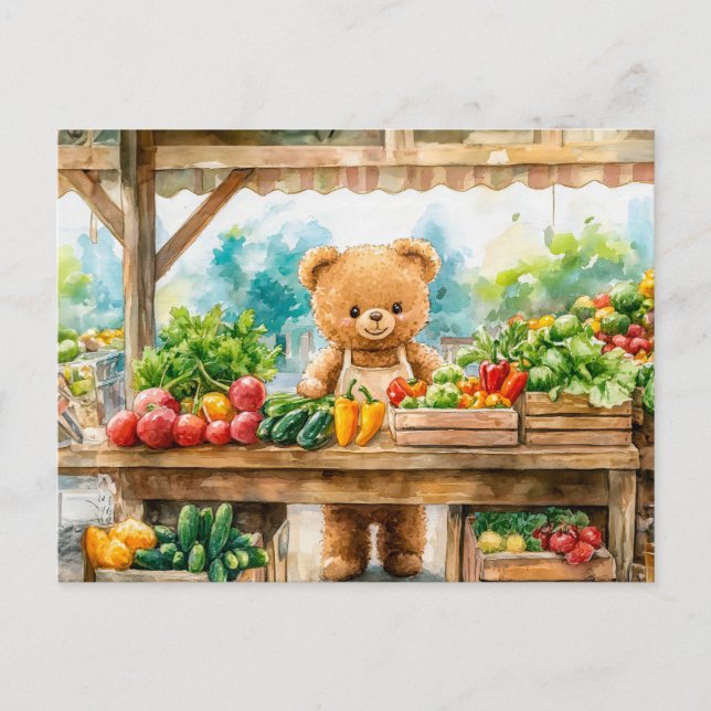 Carte Postale Ours en peluche vendant des fruits au marché des a (Devant)