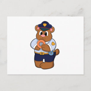 Carte Postale Ours en policier avec uniforme de police et beigne