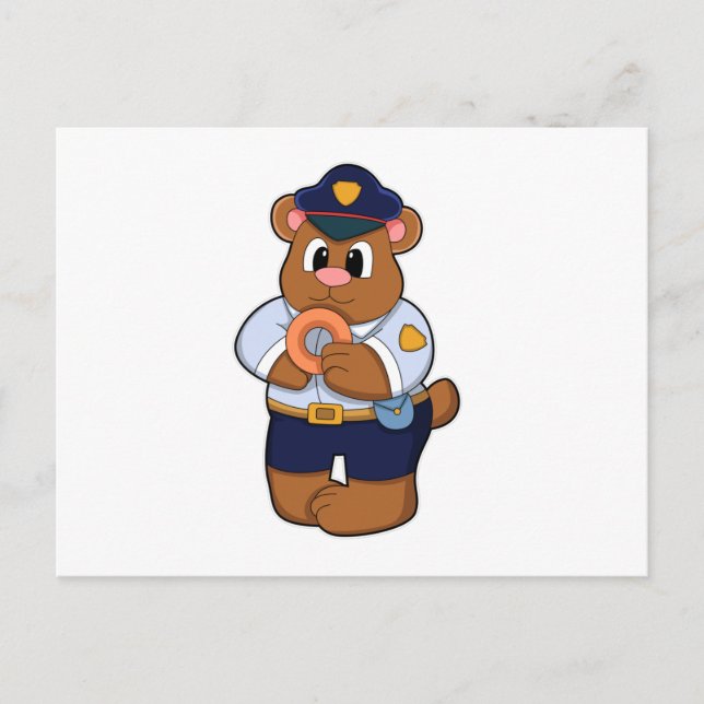 Carte Postale Ours en policier avec uniforme de police et beigne (Devant)