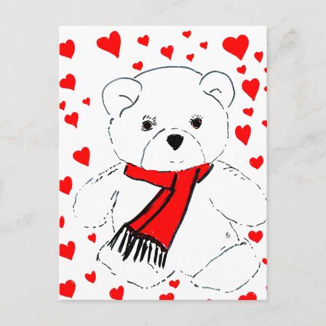 Carte Postale Ours et coeurs en peluche blanc (Devant)