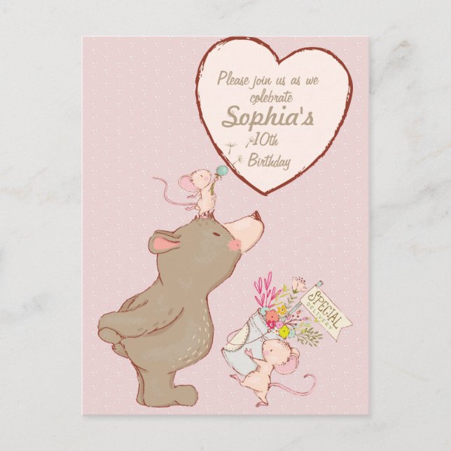 Carte Postale Ours et souris Enfants Invitation Anniversaire (Devant)