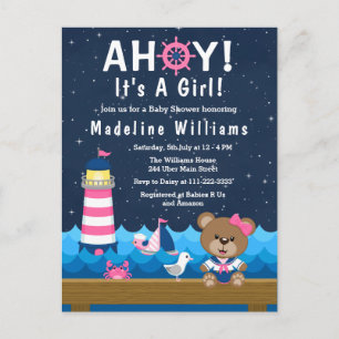Carte Postale Ours fille nautique rose et marine Baby Shower