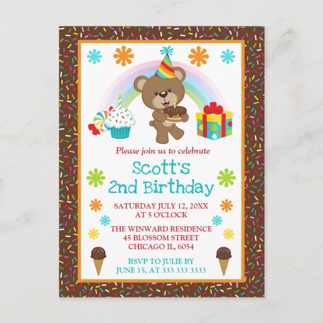 Carte Postale Ours mignon d'anniversaire & arc-en-ciel & gâteau (Devant)