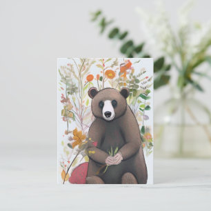 Carte Postale Ours mignon de la forêt avec fleurs printanières A