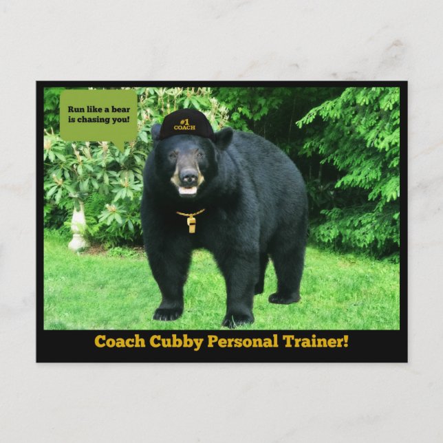 Carte Postale Ours Noir - "Coach Cubby Entraîneur Personnel !" (Devant)