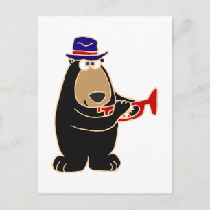 Carte Postale Ours Noir Jouant Trumpet Rouge