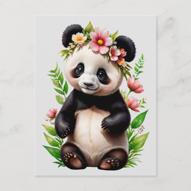 Carte Postale Ours Panda Avec Fleurs (Devant)
