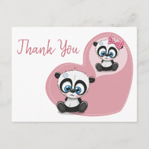 Carte Postale Ours Panda Cœur Rose Merci Fête de Mariage