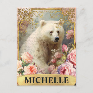 Carte Postale Ours polaire aquarelle vintage et roses roses
