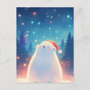 Carte Postale Ours polaire de Noël doux dans une forêt étoilée
