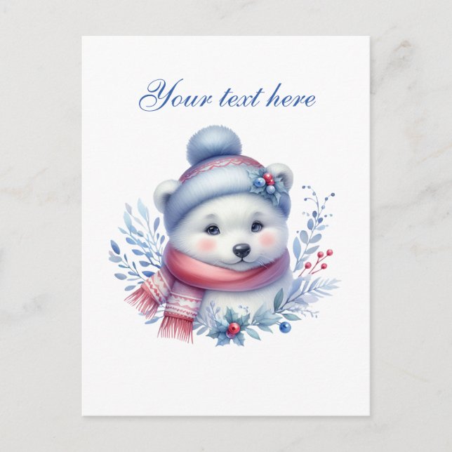 Carte Postale Ours polaire d'hiver saisonnier mignon ajouter le  (Devant)