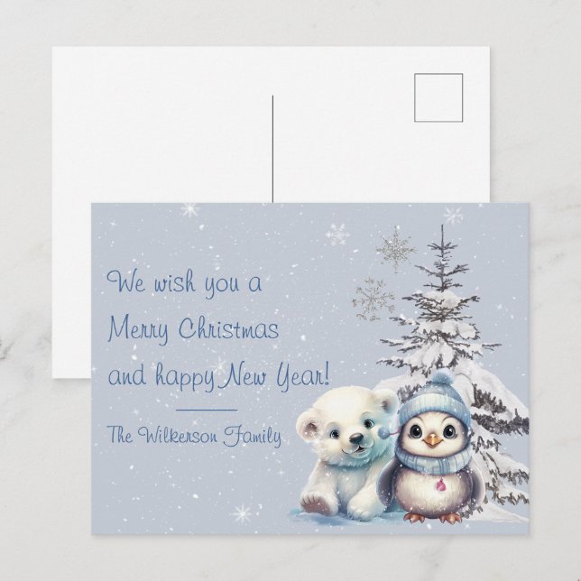 Carte Postale Ours polaire mignon et pingouin Noël au Pôle Nord (Devant / Derrière)