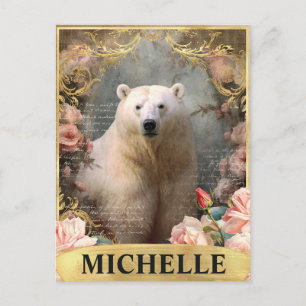 Carte Postale Ours polaire vintage aquarelle et roses roses