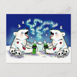 Carte Postale Ours polaires zombies buvant du soda, Aurore boréa
