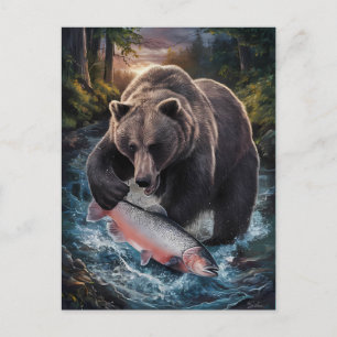 Carte Postale Ours tenant un poisson chatoyant