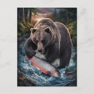 Carte Postale Ours tenant un poisson chatoyant