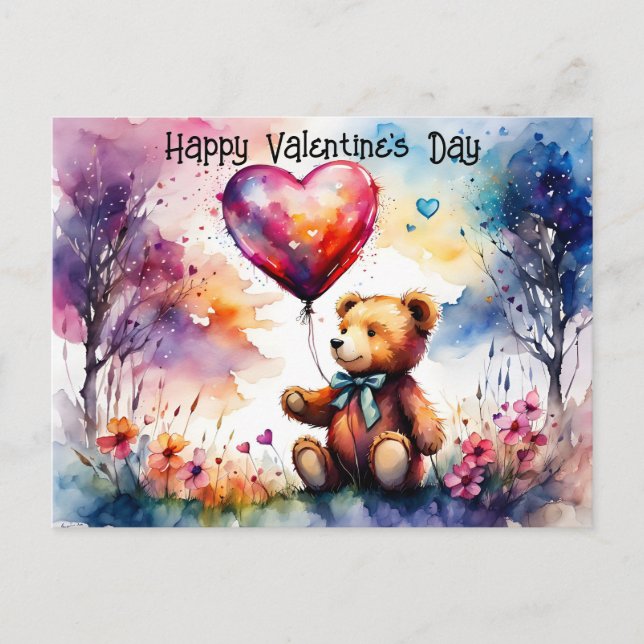 Carte Postale Ours Valentine Teddy avec ballon en forme de coeur (Devant)