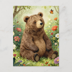 Carte Postale Ours vintage et papillons dans un jardin