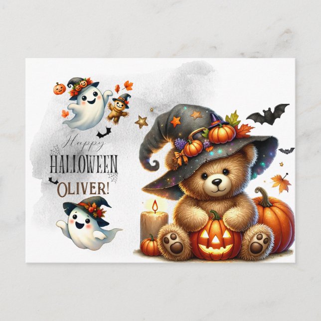Carte Postale Ourson en sorcier pour la fête d'Halloween (Devant)