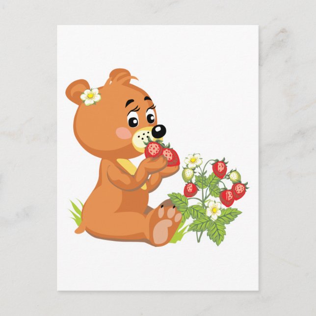 Carte Postale ourson mignon mangeant des fraises (Devant)