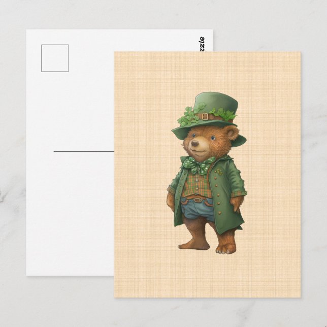 Carte Postale Ourson Saint Patrick - Costume irlandais vert (Devant / Derrière)