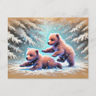 Carte Postale Oursons joueurs dans un dessin à la craie pastel n