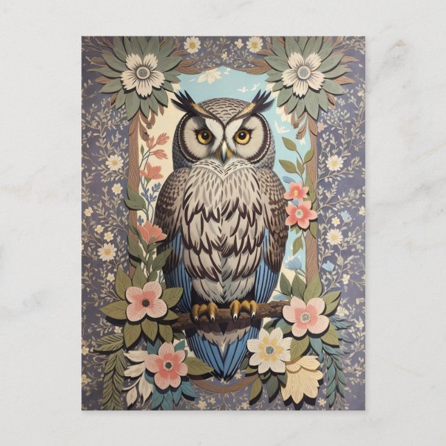 Carte Postale Owl Pastel Floral William Morris Inspiré (Devant)