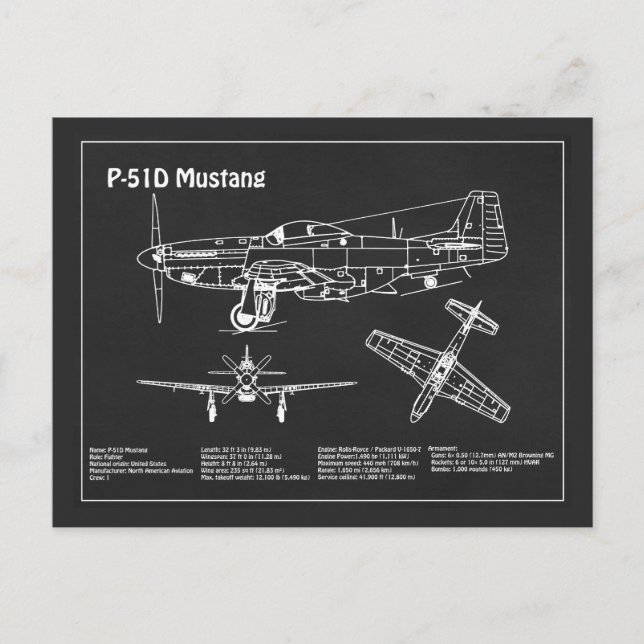 Carte Postale P-51D Mustang - Plan directeur de l'avion PD (Devant)