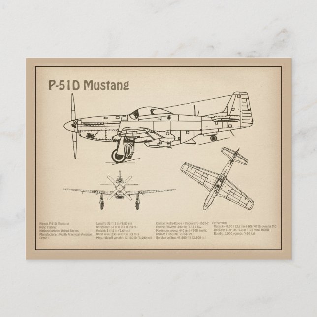 Carte Postale P-51D Mustang - Plan directeur de l'avion SD (Devant)
