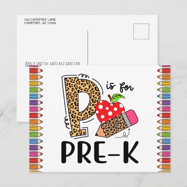 Carte Postale P est pour PRE-K Back To School Teacher (Devant / Derrière)
