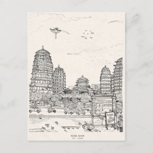 Carte Postale Pagode de Saïgon Viêt-Nam Tirage d'encre de stylo