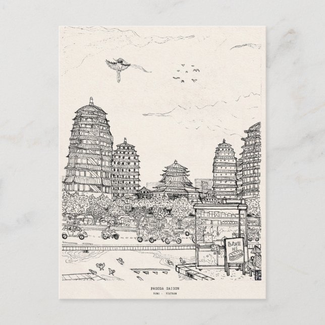 Carte Postale Pagode de Saïgon Viêt-Nam Tirage d'encre de stylo (Devant)