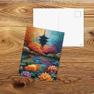 Carte Postale Pagode d'étang à carpes koï colorées